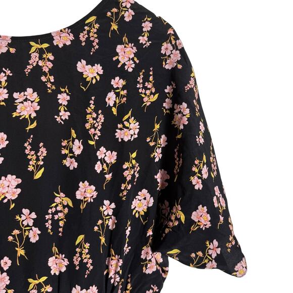 Les Reveries Black Floral Printed Short Sleeve A-Line Silk Midi Dress Size 4 - Picture 8 of 14